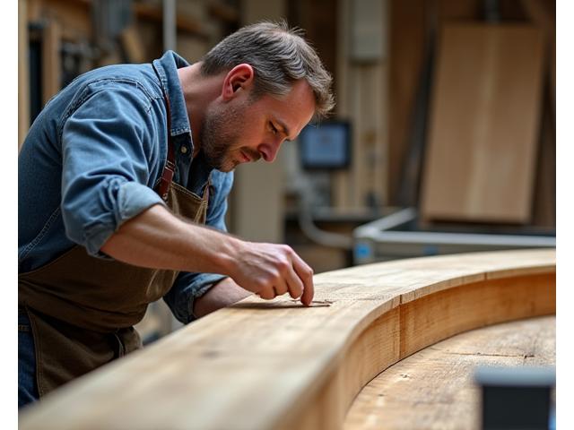 Skilled craftsman meticulously shaping a large wooden stair tread using precision machinery in a workshop